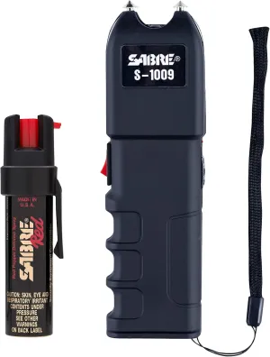 SABRE Pepper Spray & 3-in-1 Stun Gun with Flashlight and Anti-Grab Bar Technology, Self Defense Kit, 35 Bursts, 10 Ft (3 m) Range, 120 Lumens LED Light, Rechargeable Battery (Set of 2)