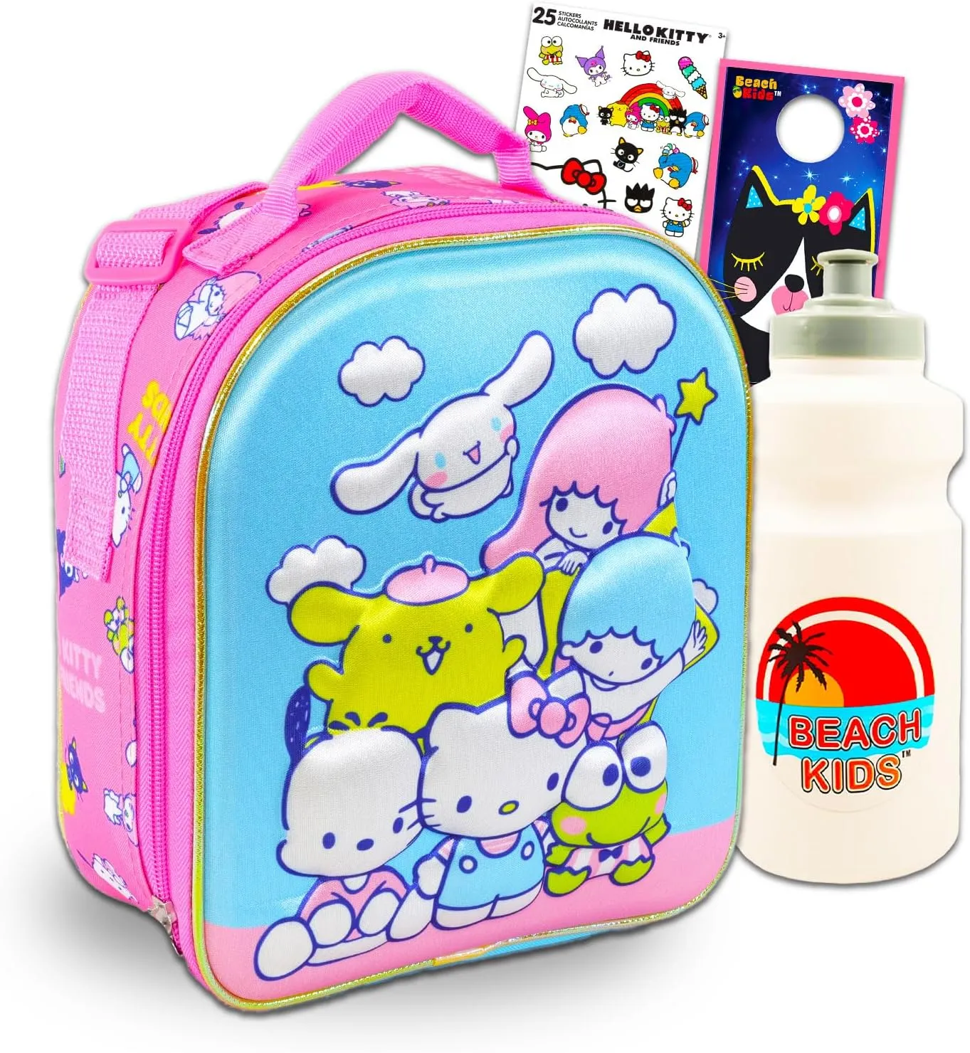 Sanrio Lunch Box for Girls - Bundle with Sanrio Lunch Bag Featuring Cinnamoroll, Keroppi, Little Twin Stars, Pochacco Plus Stickers, Water Bottle, More | Hello Kitty and Friends Lunch Box for School