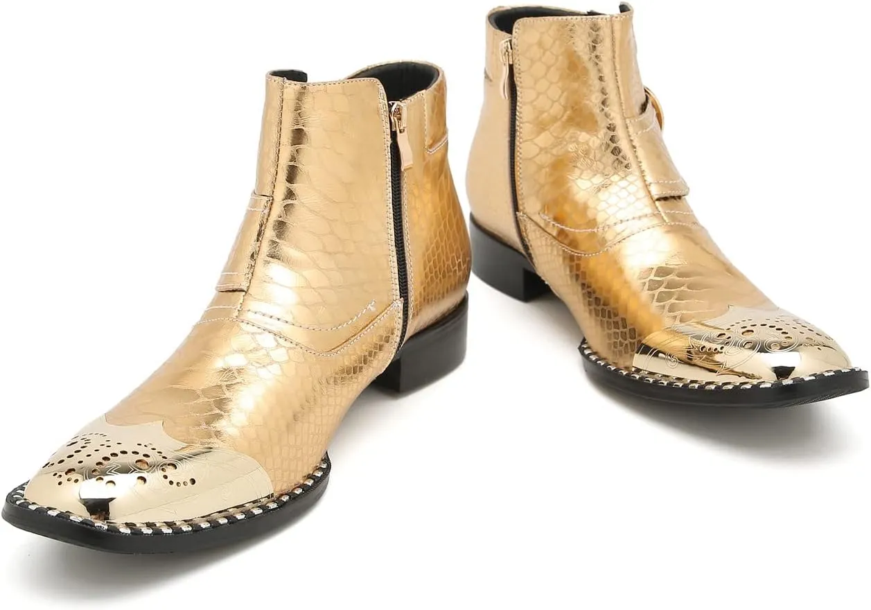 Santimon Chelsea Boots Men Casual Dress Genuine Leather Ankle Boots Metal-Square Toe Snakeskin Texture Western Boots Fashion Prom Wedding Tuxedo Ballroom Party Disco Singer Cowboy Boots for Men