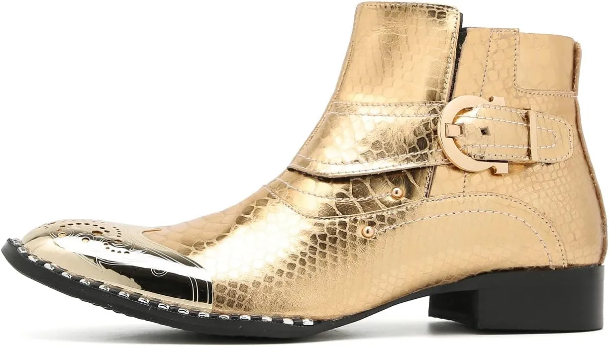 Santimon Chelsea Boots Men Casual Dress Genuine Leather Ankle Boots Metal-Square Toe Snakeskin Texture Western Boots Fashion Prom Wedding Tuxedo Ballroom Party Disco Singer Cowboy Boots for Men