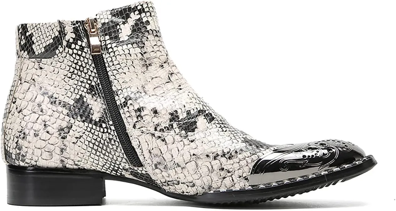 Santimon Chelsea Boots Men Casual Dress Genuine Leather Ankle Boots Metal-Square Toe Snakeskin Texture Western Boots Fashion Prom Wedding Tuxedo Ballroom Party Disco Singer Cowboy Boots for Men