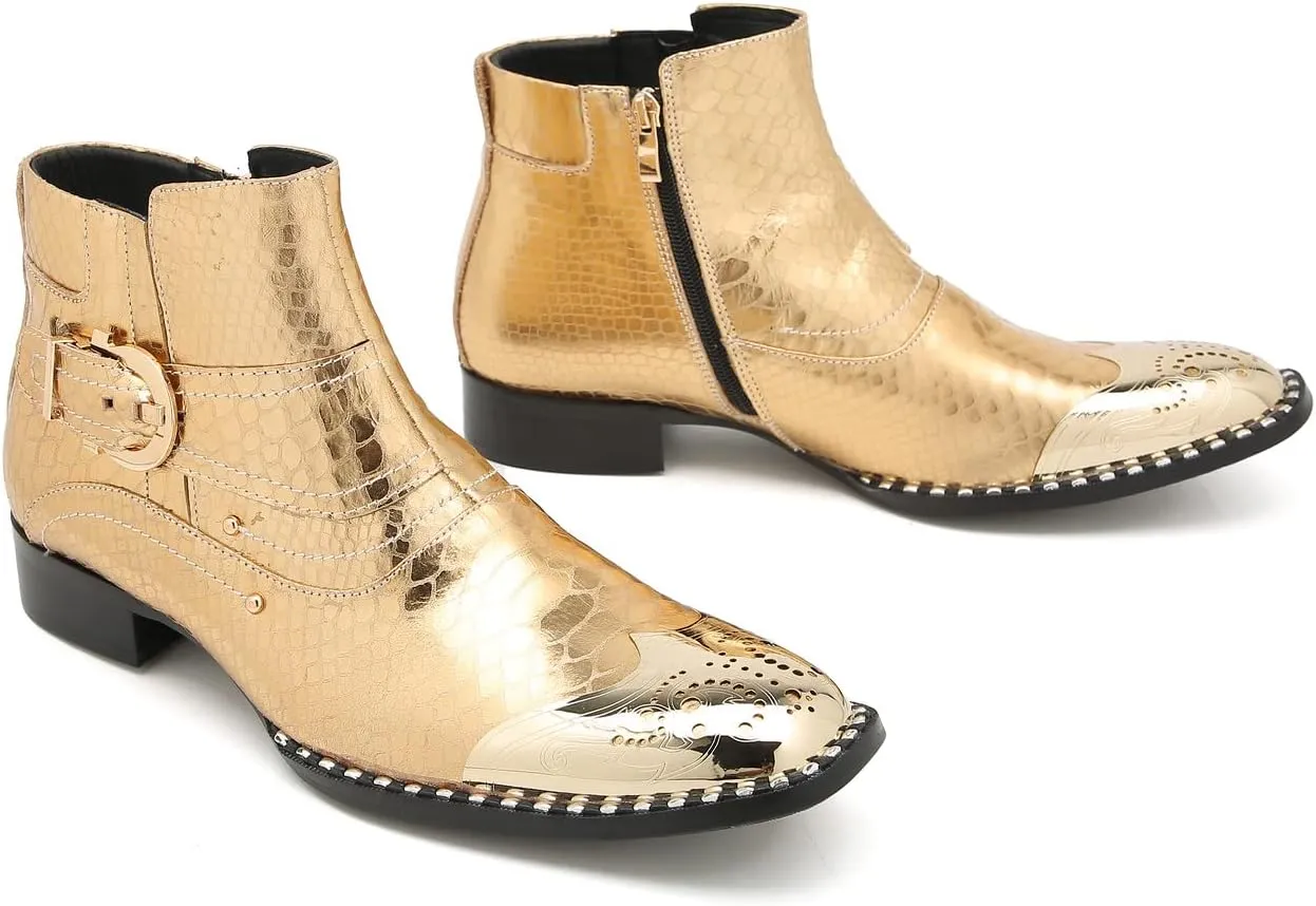 Santimon Chelsea Boots Men Casual Dress Genuine Leather Ankle Boots Metal-Square Toe Snakeskin Texture Western Boots Fashion Prom Wedding Tuxedo Ballroom Party Disco Singer Cowboy Boots for Men
