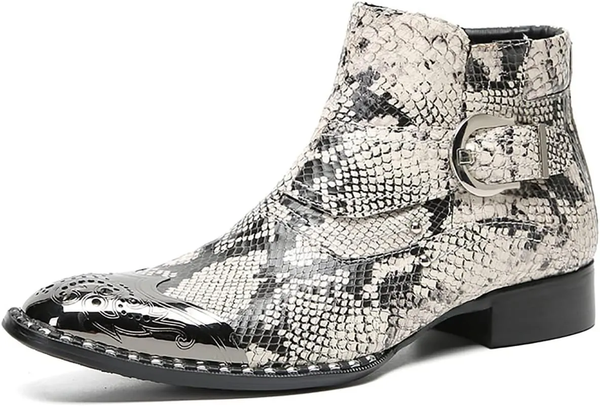 Santimon Chelsea Boots Men Casual Dress Genuine Leather Ankle Boots Metal-Square Toe Snakeskin Texture Western Boots Fashion Prom Wedding Tuxedo Ballroom Party Disco Singer Cowboy Boots for Men
