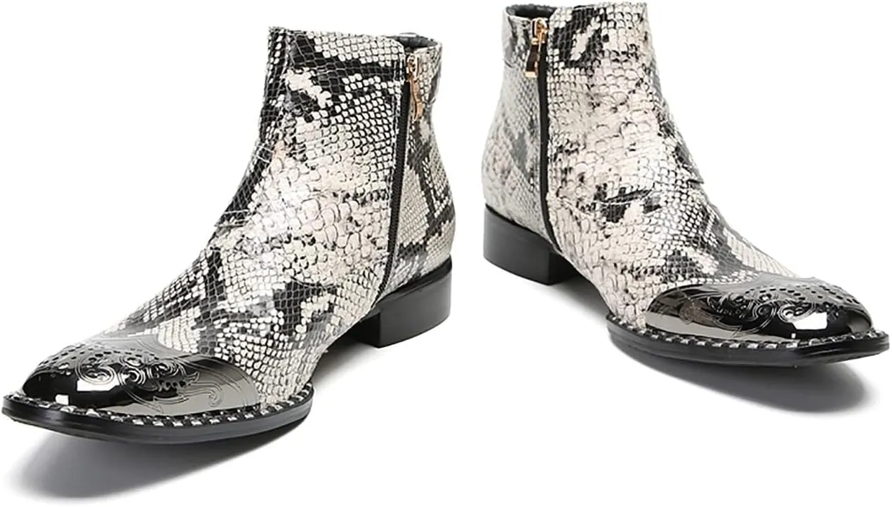 Santimon Chelsea Boots Men Casual Dress Genuine Leather Ankle Boots Metal-Square Toe Snakeskin Texture Western Boots Fashion Prom Wedding Tuxedo Ballroom Party Disco Singer Cowboy Boots for Men