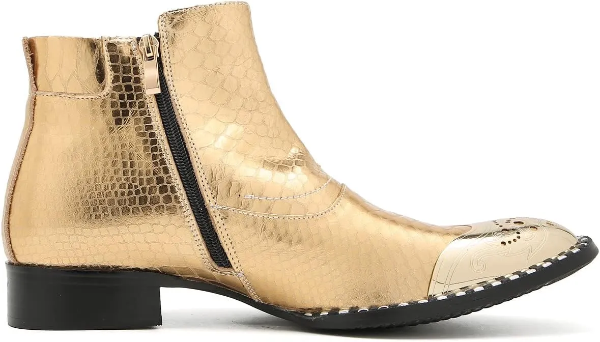 Santimon Chelsea Boots Men Casual Dress Genuine Leather Ankle Boots Metal-Square Toe Snakeskin Texture Western Boots Fashion Prom Wedding Tuxedo Ballroom Party Disco Singer Cowboy Boots for Men