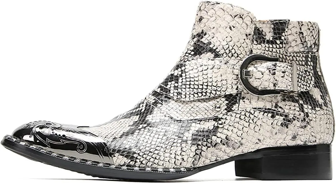 Santimon Chelsea Boots Men Casual Dress Genuine Leather Ankle Boots Metal-Square Toe Snakeskin Texture Western Boots Fashion Prom Wedding Tuxedo Ballroom Party Disco Singer Cowboy Boots for Men