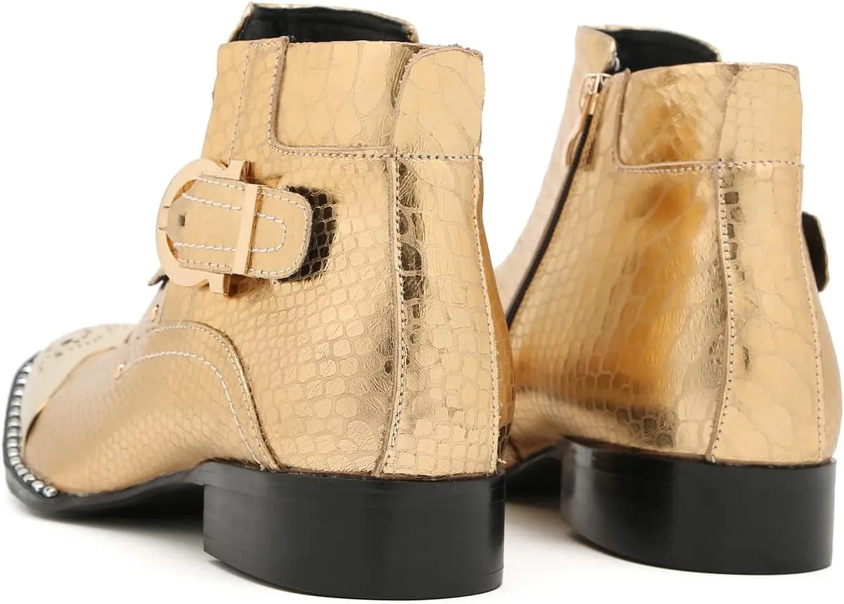 Santimon Chelsea Boots Men Casual Dress Genuine Leather Ankle Boots Metal-Square Toe Snakeskin Texture Western Boots Fashion Prom Wedding Tuxedo Ballroom Party Disco Singer Cowboy Boots for Men