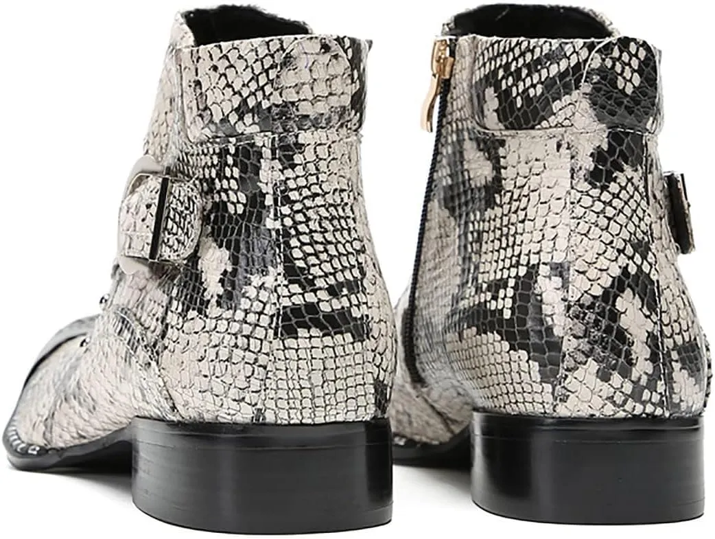 Santimon Chelsea Boots Men Casual Dress Genuine Leather Ankle Boots Metal-Square Toe Snakeskin Texture Western Boots Fashion Prom Wedding Tuxedo Ballroom Party Disco Singer Cowboy Boots for Men