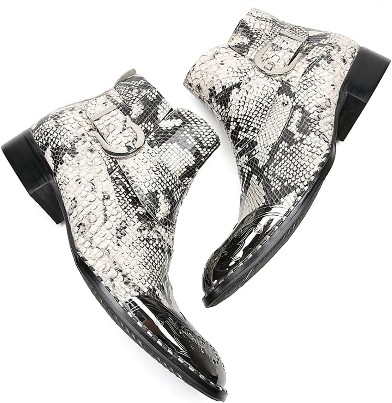 Santimon Chelsea Boots Men Casual Dress Genuine Leather Ankle Boots Metal-Square Toe Snakeskin Texture Western Boots Fashion Prom Wedding Tuxedo Ballroom Party Disco Singer Cowboy Boots for Men