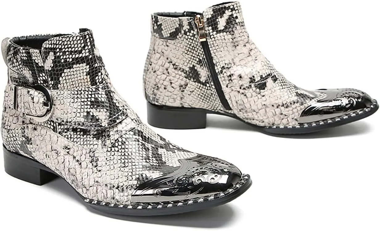 Santimon Chelsea Boots Men Casual Dress Genuine Leather Ankle Boots Metal-Square Toe Snakeskin Texture Western Boots Fashion Prom Wedding Tuxedo Ballroom Party Disco Singer Cowboy Boots for Men