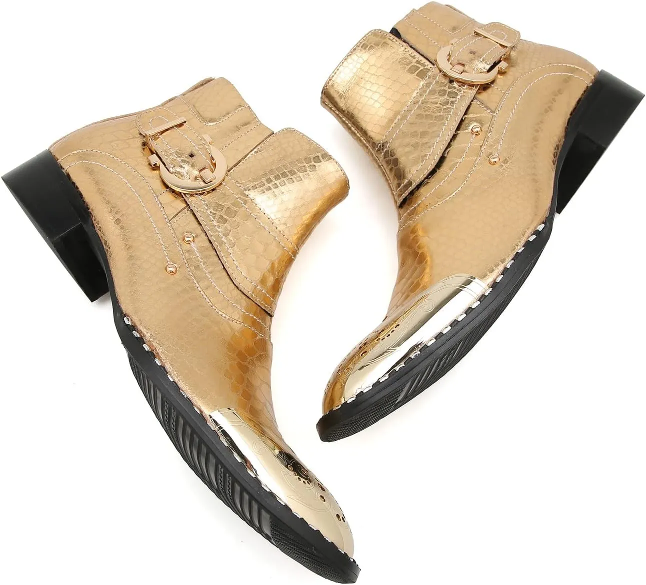 Santimon Chelsea Boots Men Casual Dress Genuine Leather Ankle Boots Metal-Square Toe Snakeskin Texture Western Boots Fashion Prom Wedding Tuxedo Ballroom Party Disco Singer Cowboy Boots for Men