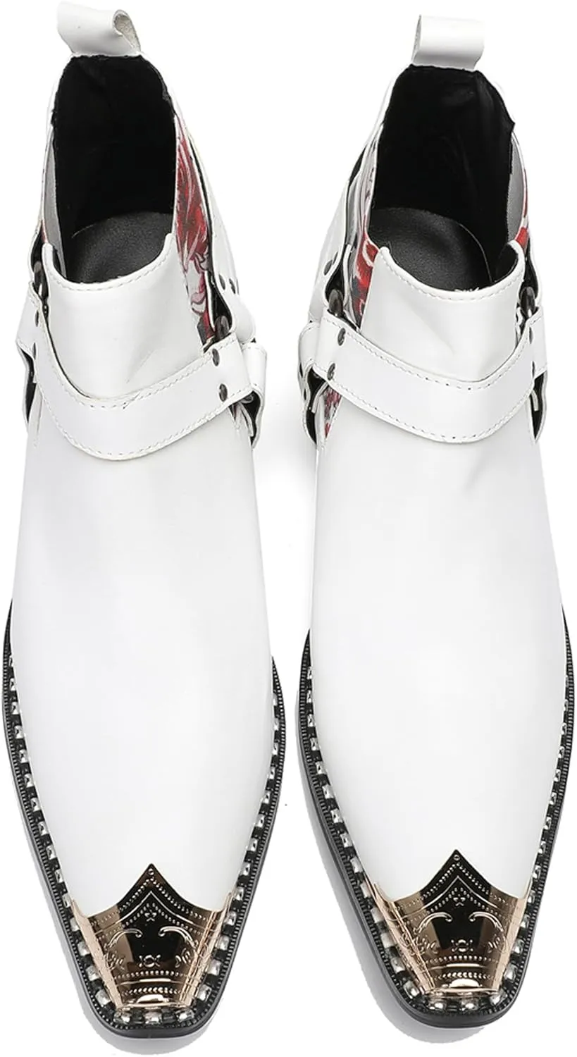 Santimon Chelsea Boots White Dress for Men Prom Casual Genuine Leather Pull Up Belt Buckle Metal Tip Ankle Boots Mens Fashion Tuxedo Wedding Ballroom Party Disco Western Cowboy Boots for Men
