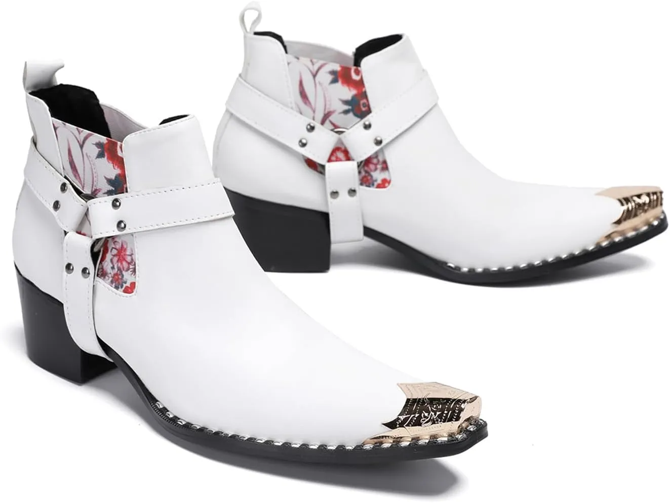 Santimon Chelsea Boots White Dress for Men Prom Casual Genuine Leather Pull Up Belt Buckle Metal Tip Ankle Boots Mens Fashion Tuxedo Wedding Ballroom Party Disco Western Cowboy Boots for Men