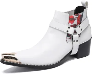 Santimon Chelsea Boots White Dress for Men Prom Casual Genuine Leather Pull Up Belt Buckle Metal Tip Ankle Boots Mens Fashion Tuxedo Wedding Ballroom Party Disco Western Cowboy Boots for Men