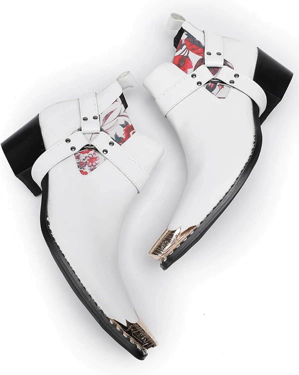 Santimon Chelsea Boots White Dress for Men Prom Casual Genuine Leather Pull Up Belt Buckle Metal Tip Ankle Boots Mens Fashion Tuxedo Wedding Ballroom Party Disco Western Cowboy Boots for Men