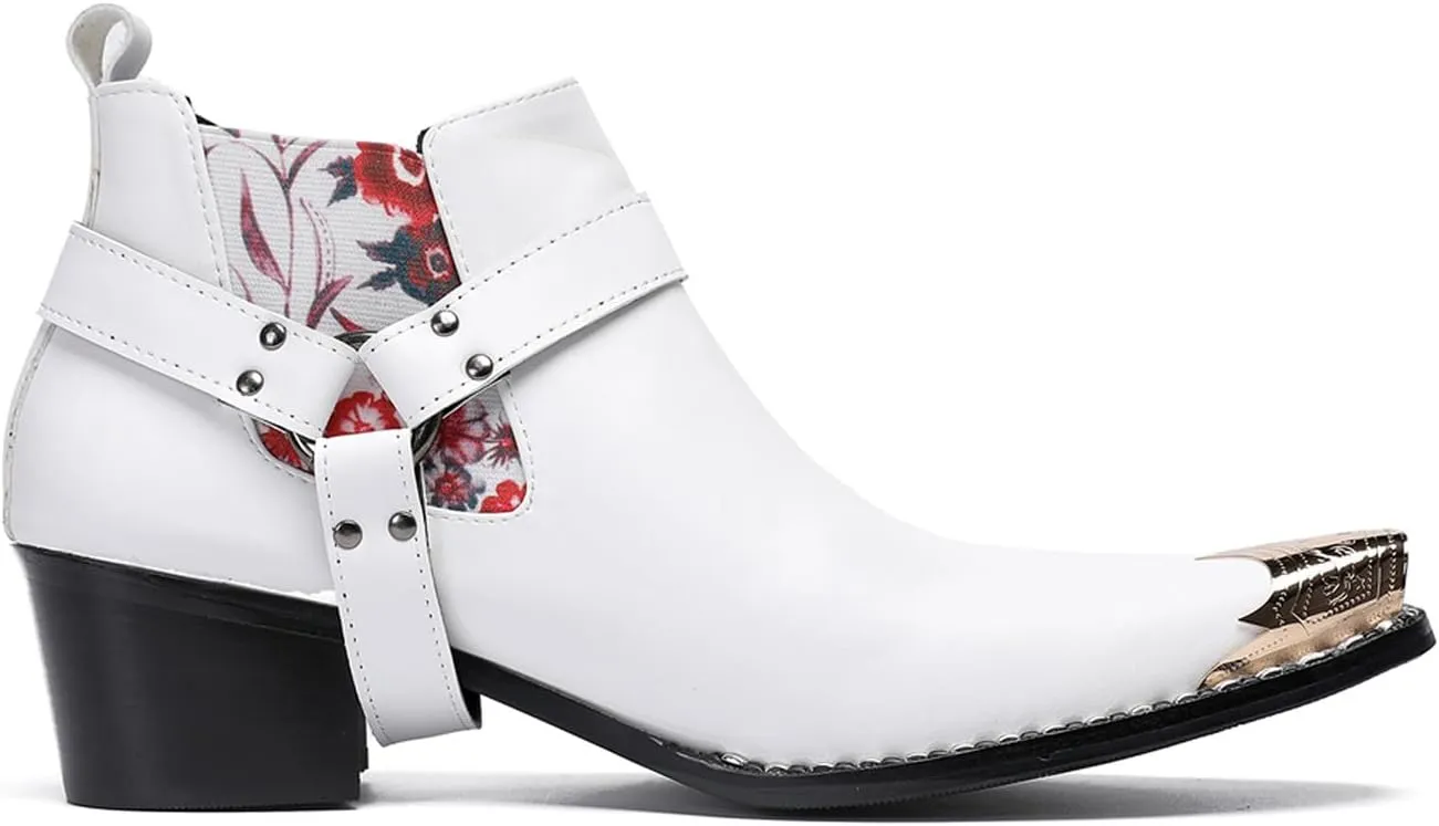 Santimon Chelsea Boots White Dress for Men Prom Casual Genuine Leather Pull Up Belt Buckle Metal Tip Ankle Boots Mens Fashion Tuxedo Wedding Ballroom Party Disco Western Cowboy Boots for Men