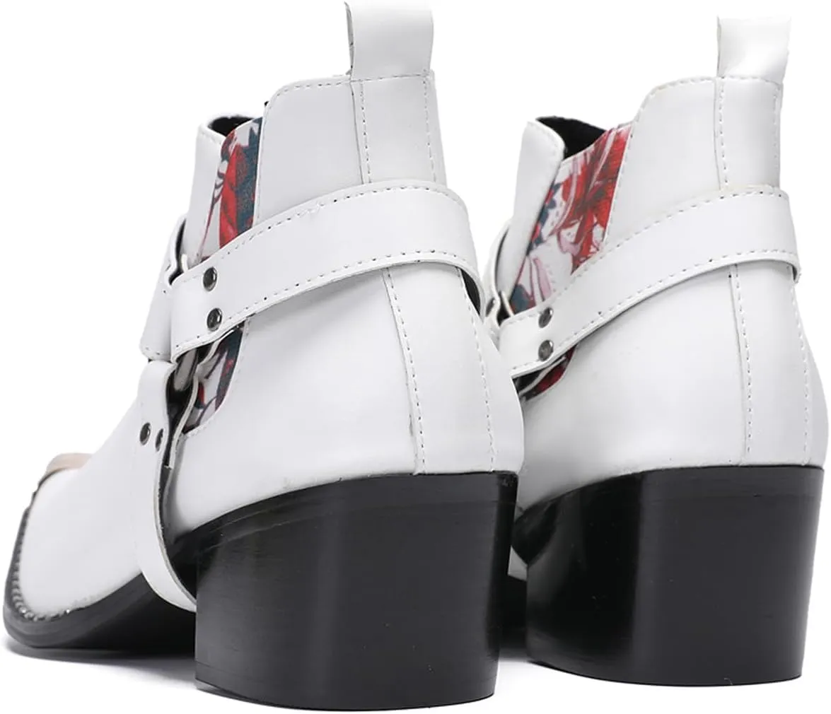 Santimon Chelsea Boots White Dress for Men Prom Casual Genuine Leather Pull Up Belt Buckle Metal Tip Ankle Boots Mens Fashion Tuxedo Wedding Ballroom Party Disco Western Cowboy Boots for Men