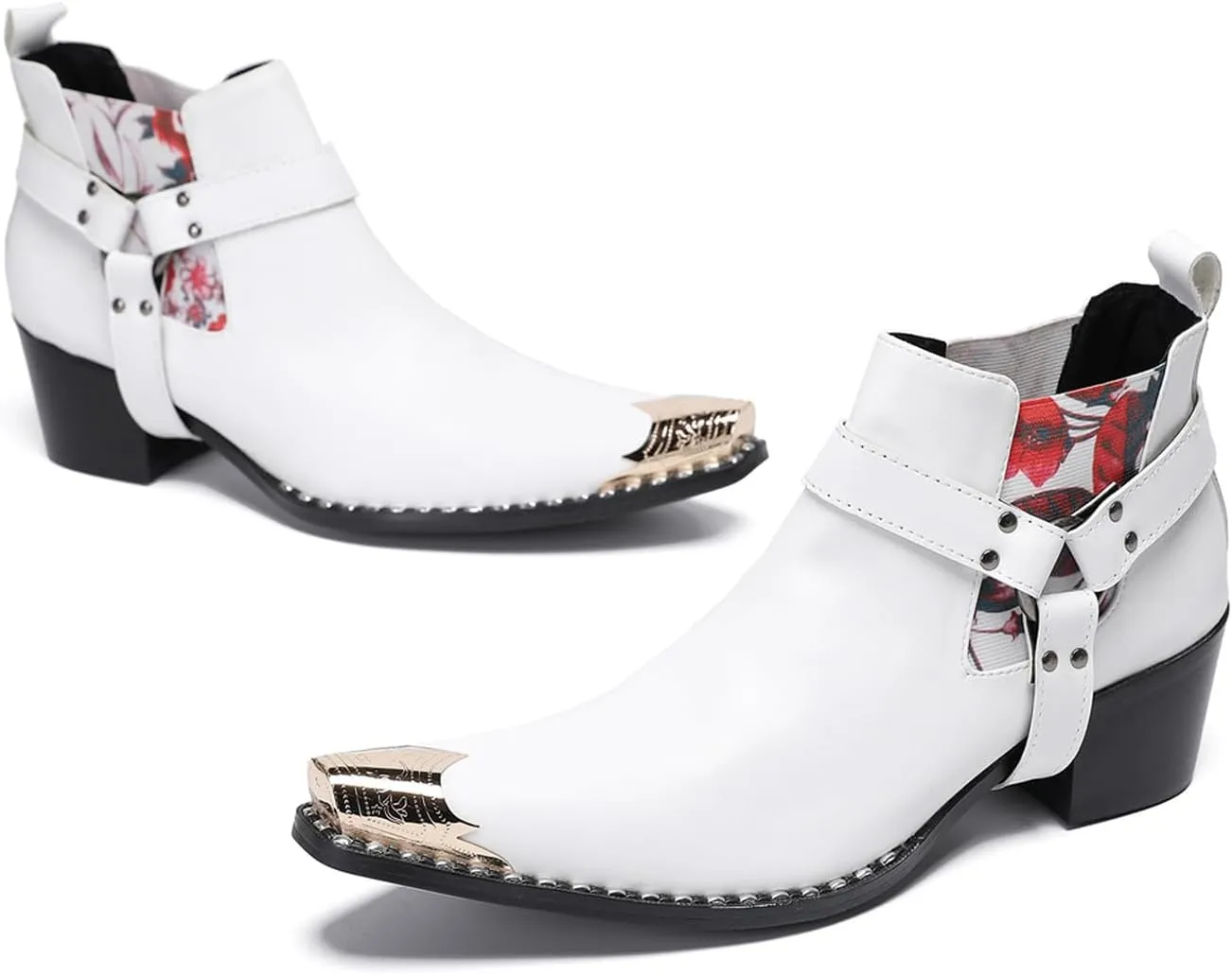 Santimon Chelsea Boots White Dress for Men Prom Casual Genuine Leather Pull Up Belt Buckle Metal Tip Ankle Boots Mens Fashion Tuxedo Wedding Ballroom Party Disco Western Cowboy Boots for Men