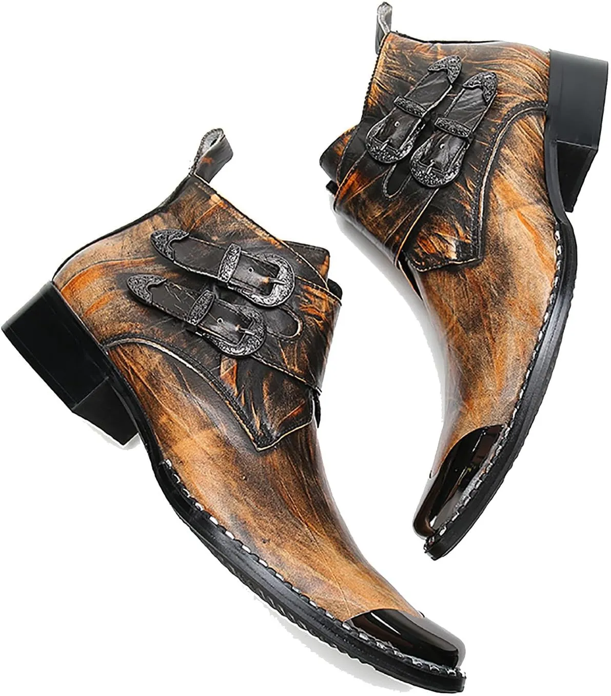 Santimon Mens Chelsea Boots Casual Dress Ankle Boots Handmade Genuine Leather Metal Square Toe Cowboy Boots Zipper Belt Buckle Prom Wedding Party Disco Singer Western Boots for Men
