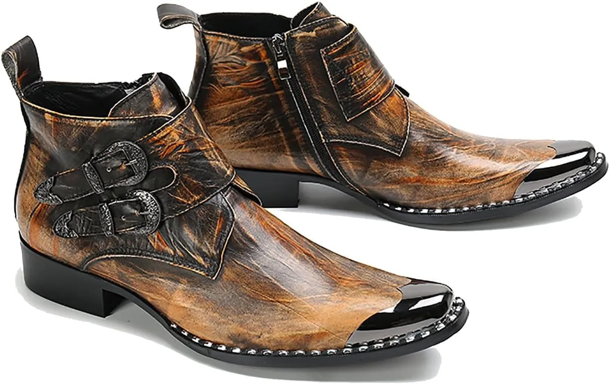 Santimon Mens Chelsea Boots Casual Dress Ankle Boots Handmade Genuine Leather Metal Square Toe Cowboy Boots Zipper Belt Buckle Prom Wedding Party Disco Singer Western Boots for Men