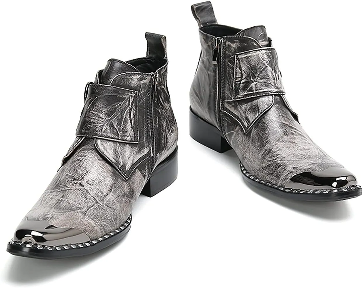 Santimon Mens Chelsea Boots Casual Dress Ankle Boots Handmade Genuine Leather Metal Square Toe Cowboy Boots Zipper Belt Buckle Prom Wedding Party Disco Singer Western Boots for Men