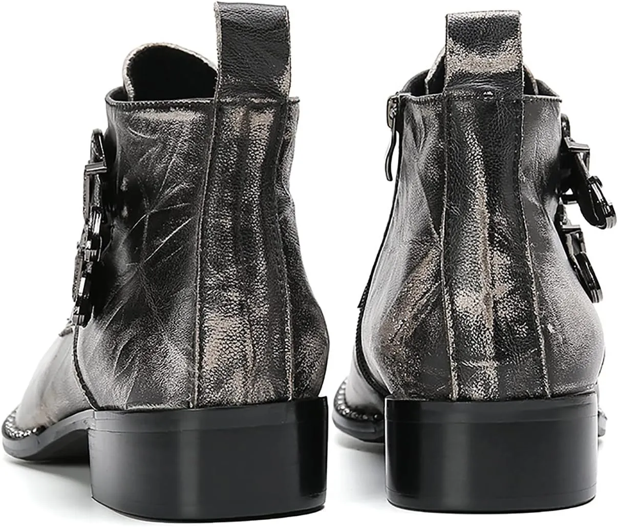 Santimon Mens Chelsea Boots Casual Dress Ankle Boots Handmade Genuine Leather Metal Square Toe Cowboy Boots Zipper Belt Buckle Prom Wedding Party Disco Singer Western Boots for Men