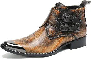 Santimon Mens Chelsea Boots Casual Dress Ankle Boots Handmade Genuine Leather Metal Square Toe Cowboy Boots Zipper Belt Buckle Prom Wedding Party Disco Singer Western Boots for Men