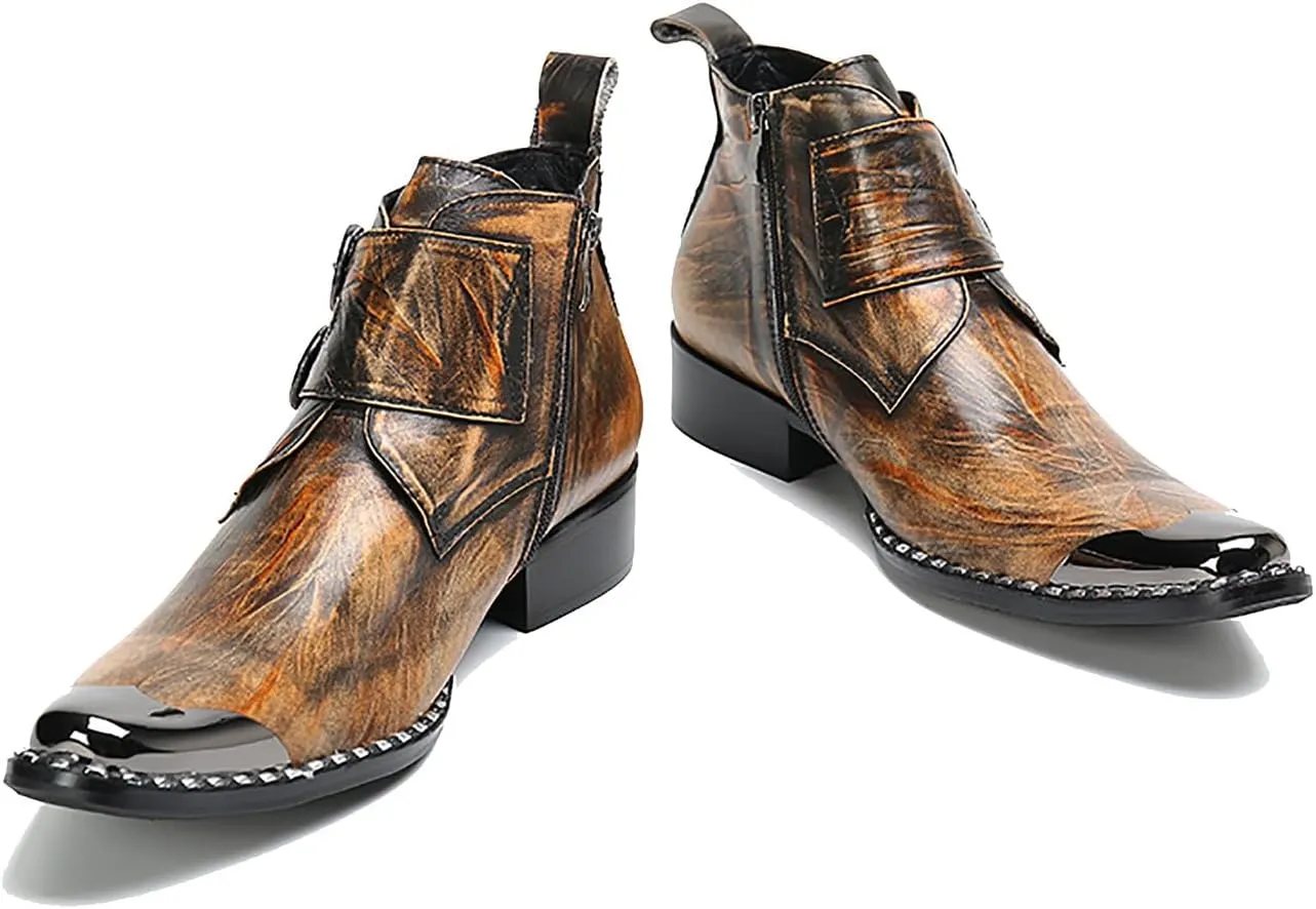 Santimon Mens Chelsea Boots Casual Dress Ankle Boots Handmade Genuine Leather Metal Square Toe Cowboy Boots Zipper Belt Buckle Prom Wedding Party Disco Singer Western Boots for Men