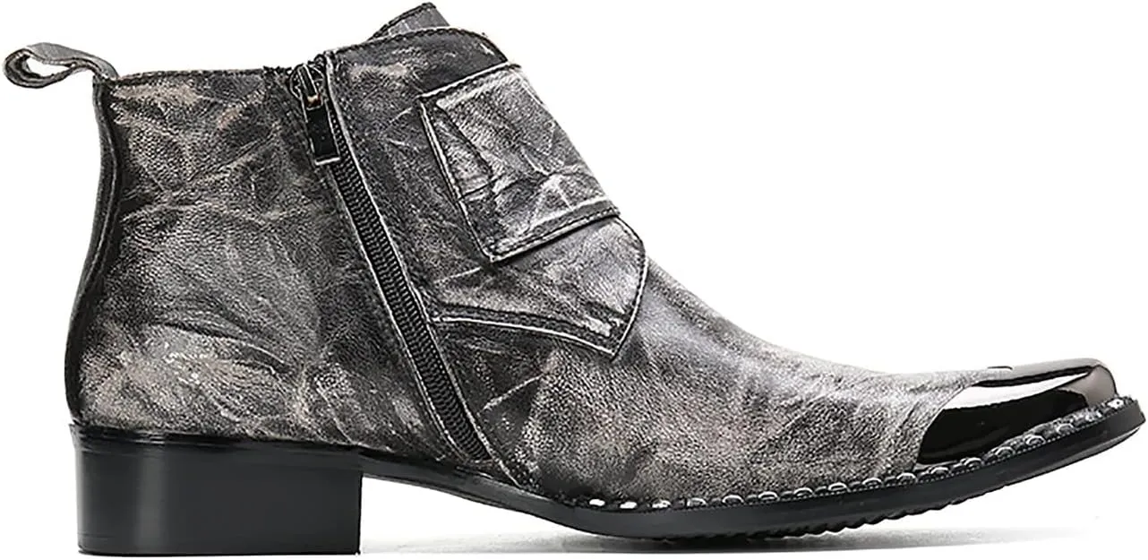 Santimon Mens Chelsea Boots Casual Dress Ankle Boots Handmade Genuine Leather Metal Square Toe Cowboy Boots Zipper Belt Buckle Prom Wedding Party Disco Singer Western Boots for Men