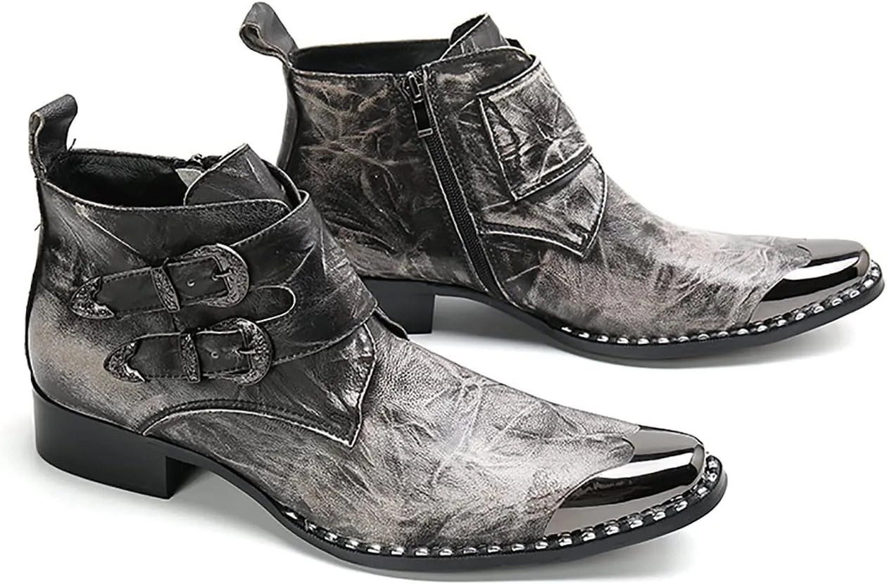 Santimon Mens Chelsea Boots Casual Dress Ankle Boots Handmade Genuine Leather Metal Square Toe Cowboy Boots Zipper Belt Buckle Prom Wedding Party Disco Singer Western Boots for Men
