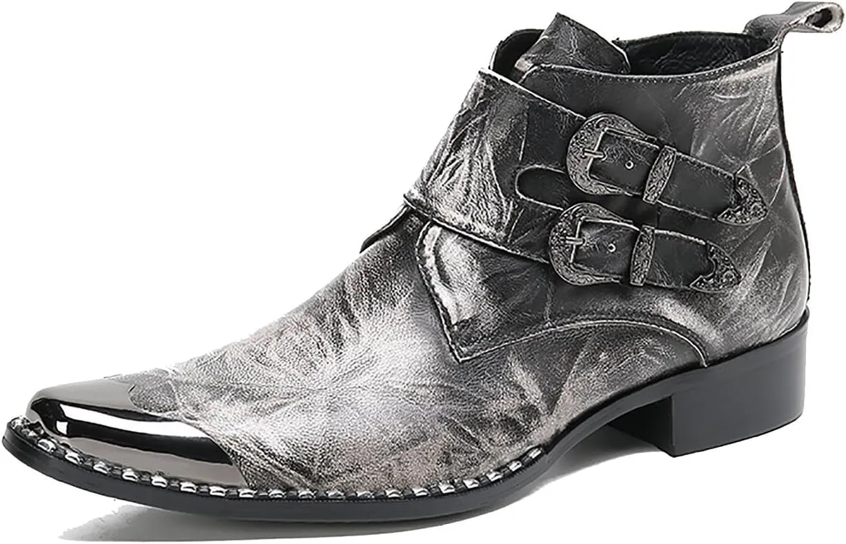 Santimon Mens Chelsea Boots Casual Dress Ankle Boots Handmade Genuine Leather Metal Square Toe Cowboy Boots Zipper Belt Buckle Prom Wedding Party Disco Singer Western Boots for Men