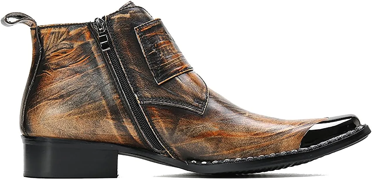 Santimon Mens Chelsea Boots Casual Dress Ankle Boots Handmade Genuine Leather Metal Square Toe Cowboy Boots Zipper Belt Buckle Prom Wedding Party Disco Singer Western Boots for Men