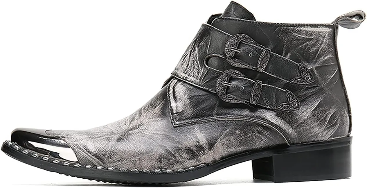 Santimon Mens Chelsea Boots Casual Dress Ankle Boots Handmade Genuine Leather Metal Square Toe Cowboy Boots Zipper Belt Buckle Prom Wedding Party Disco Singer Western Boots for Men