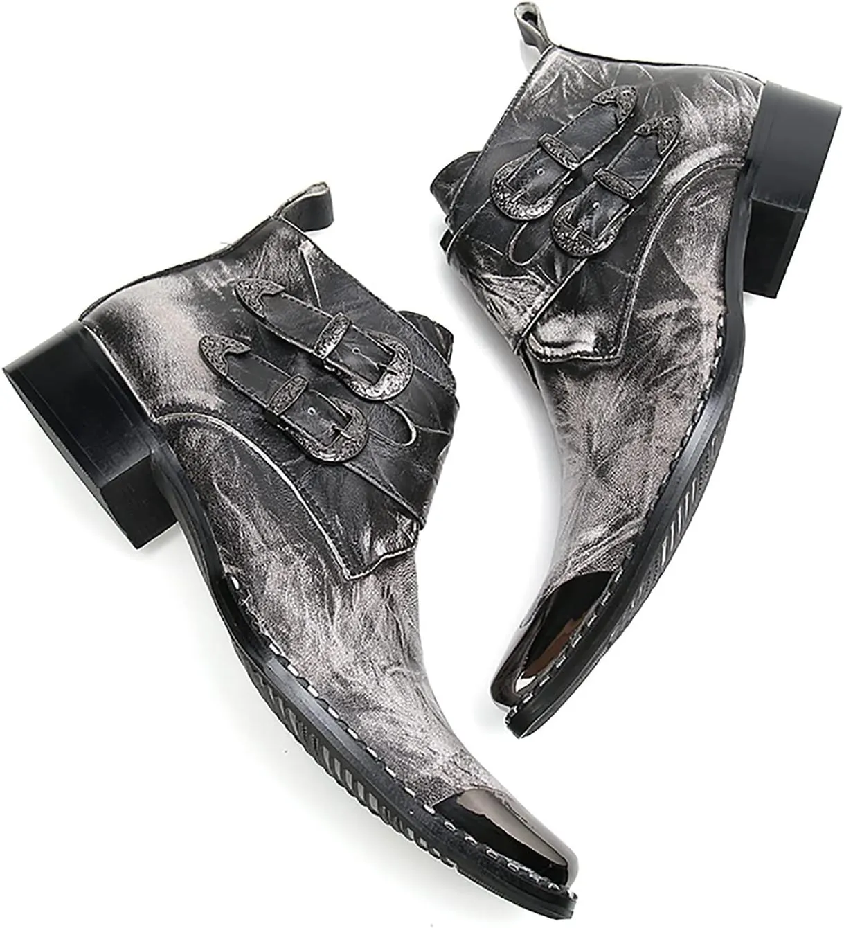 Santimon Mens Chelsea Boots Casual Dress Ankle Boots Handmade Genuine Leather Metal Square Toe Cowboy Boots Zipper Belt Buckle Prom Wedding Party Disco Singer Western Boots for Men