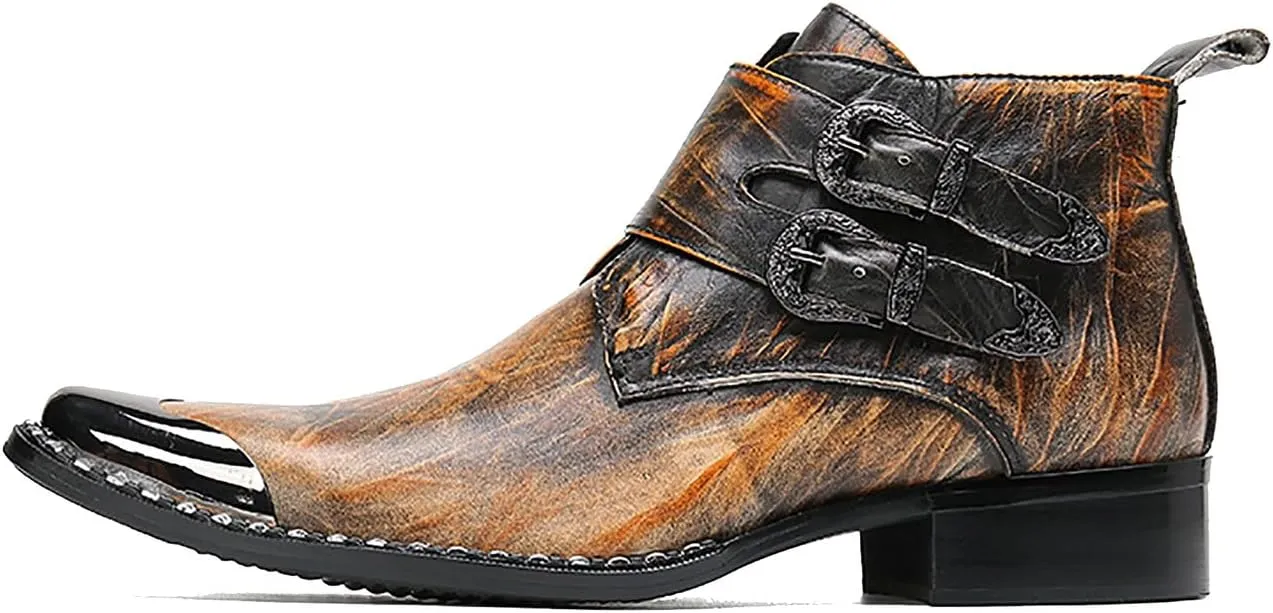 Santimon Mens Chelsea Boots Casual Dress Ankle Boots Handmade Genuine Leather Metal Square Toe Cowboy Boots Zipper Belt Buckle Prom Wedding Party Disco Singer Western Boots for Men