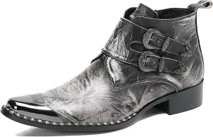 Santimon Mens Chelsea Boots Casual Dress Ankle Boots Handmade Genuine Leather Metal Square Toe Cowboy Boots Zipper Belt Buckle Prom Wedding Party Disco Singer Western Boots for Men