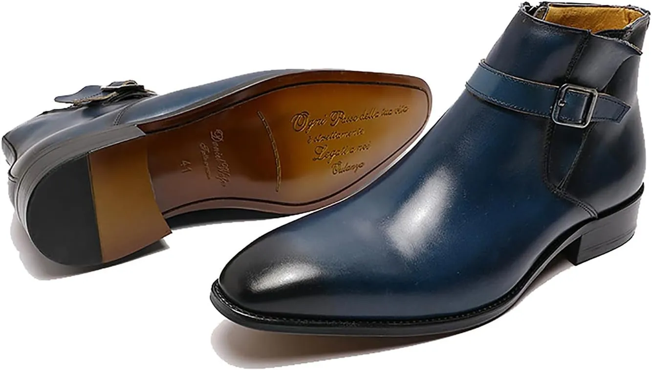 Santimon Mens Chelsea Boots Formal Dress Ankle Boots Genunie Leather Plain Toe Belt Buckle Cowboy Boots Prom Wedding Business Causal Fashion Suit Tuxedo Boots for Men