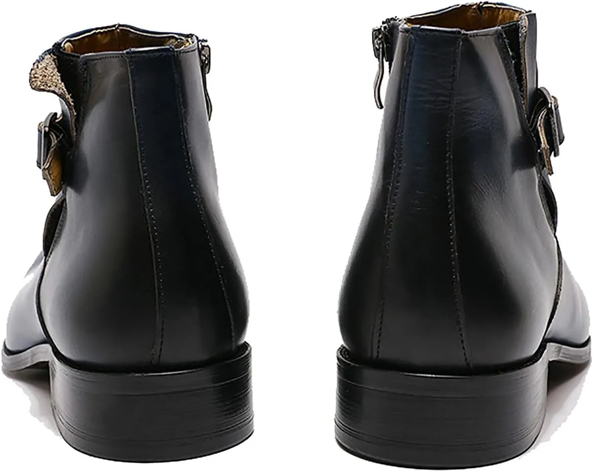 Santimon Mens Chelsea Boots Formal Dress Ankle Boots Genunie Leather Plain Toe Belt Buckle Cowboy Boots Prom Wedding Business Causal Fashion Suit Tuxedo Boots for Men