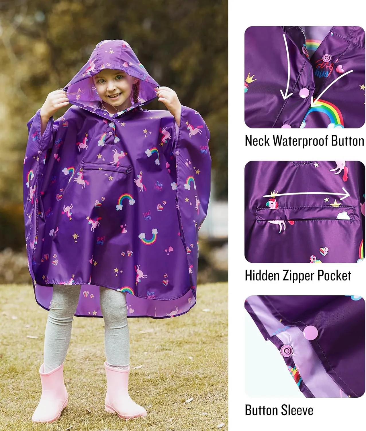 SaphiRose Lightweight Kids Rain Poncho Jacket Waterproof Outwear Rain Coat