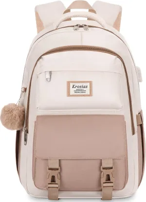 School Backpack for Girls Teens, Cute Aesthetic College Backpacks Large 15.6 Inch Laptop Bag Preppy Bookbag for Women Students Travel (Khaki Beige)