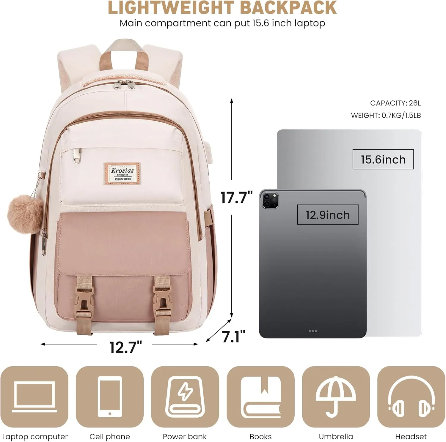 School Backpack for Girls Teens, Cute Aesthetic College Backpacks Large 15.6 Inch Laptop Bag Preppy Bookbag for Women Students Travel (Khaki Beige)