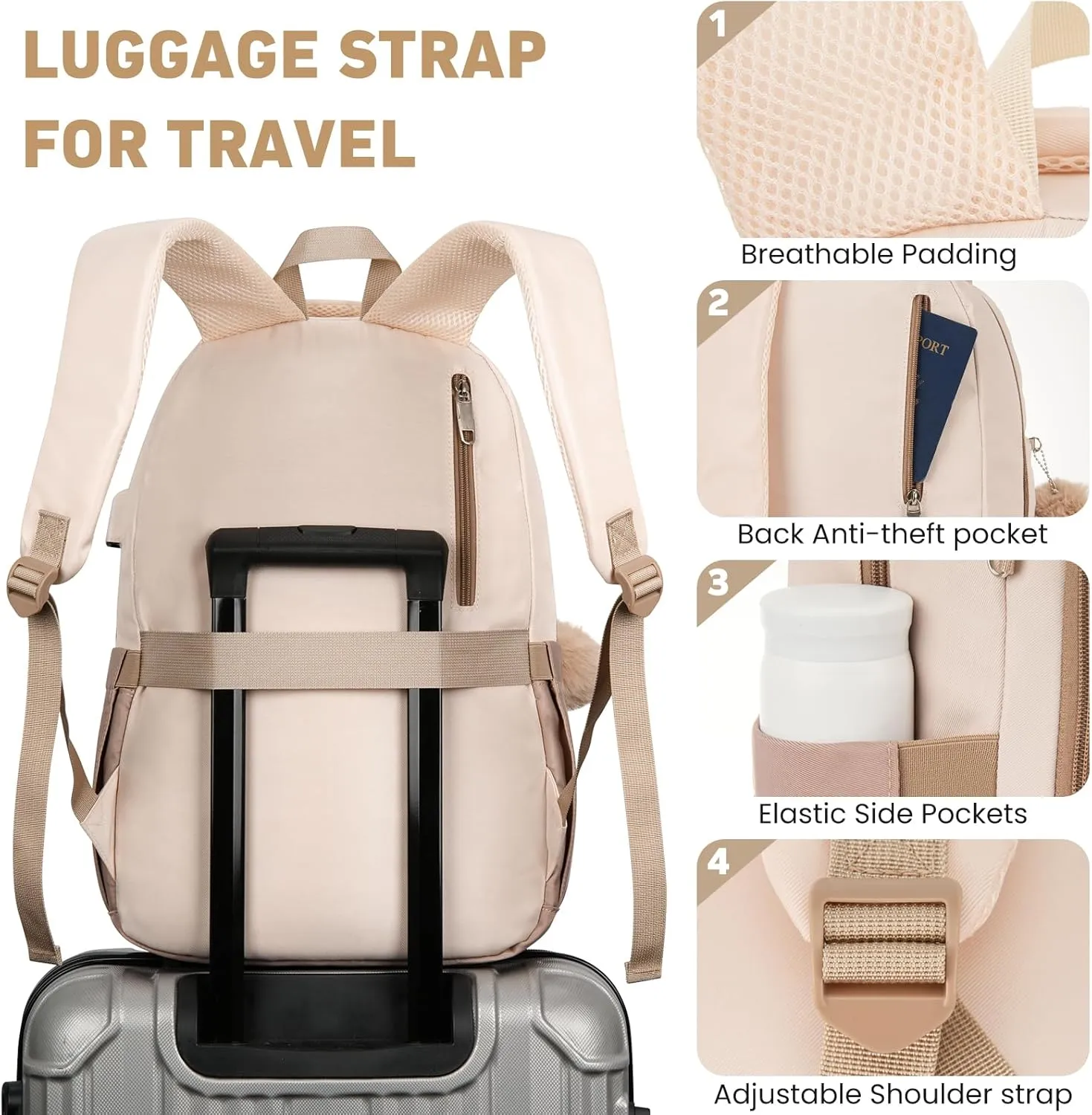 School Backpack for Girls Teens, Cute Aesthetic College Backpacks Large 15.6 Inch Laptop Bag Preppy Bookbag for Women Students Travel (Khaki Beige)