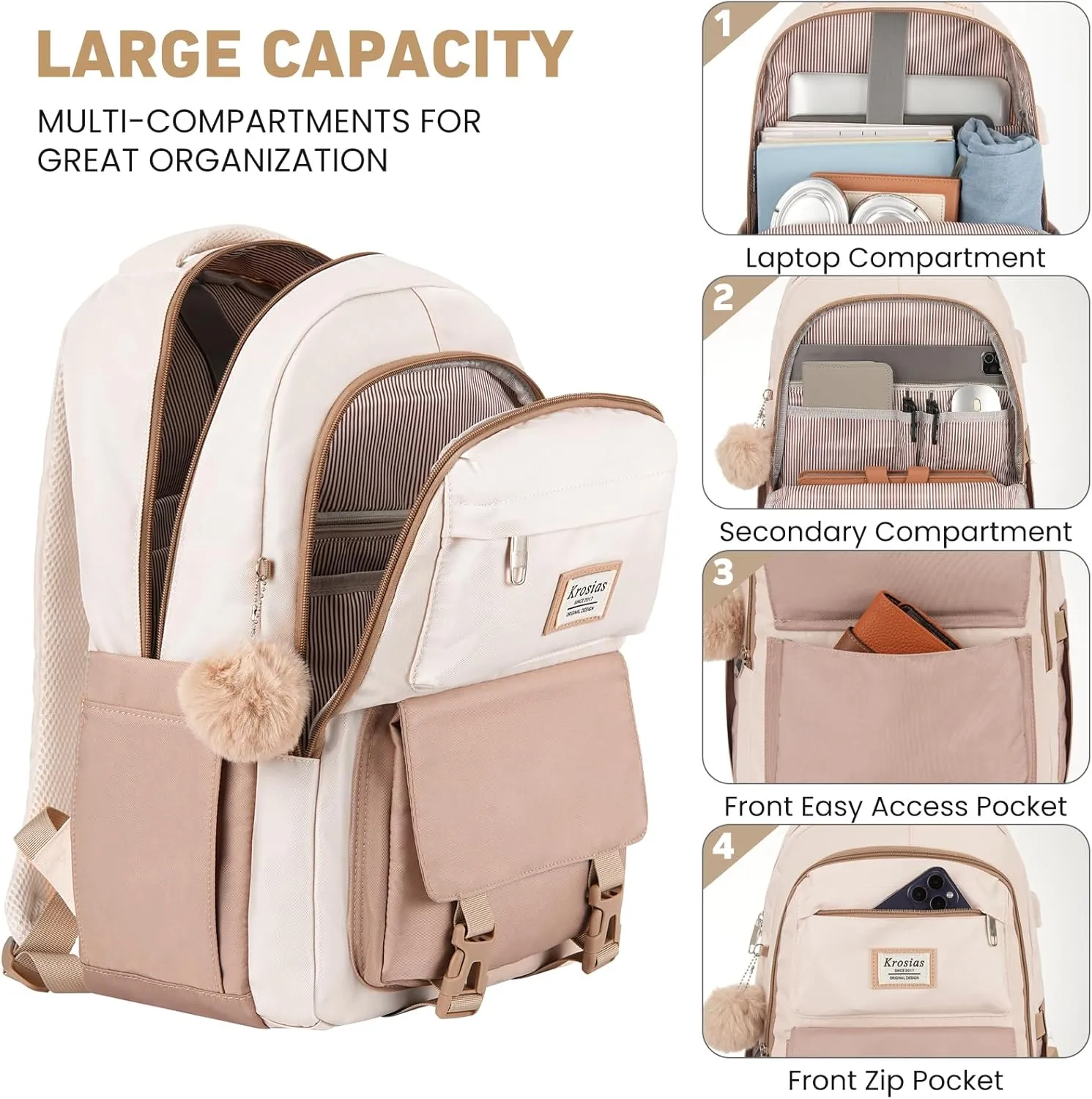 School Backpack for Girls Teens, Cute Aesthetic College Backpacks Large 15.6 Inch Laptop Bag Preppy Bookbag for Women Students Travel (Khaki Beige)