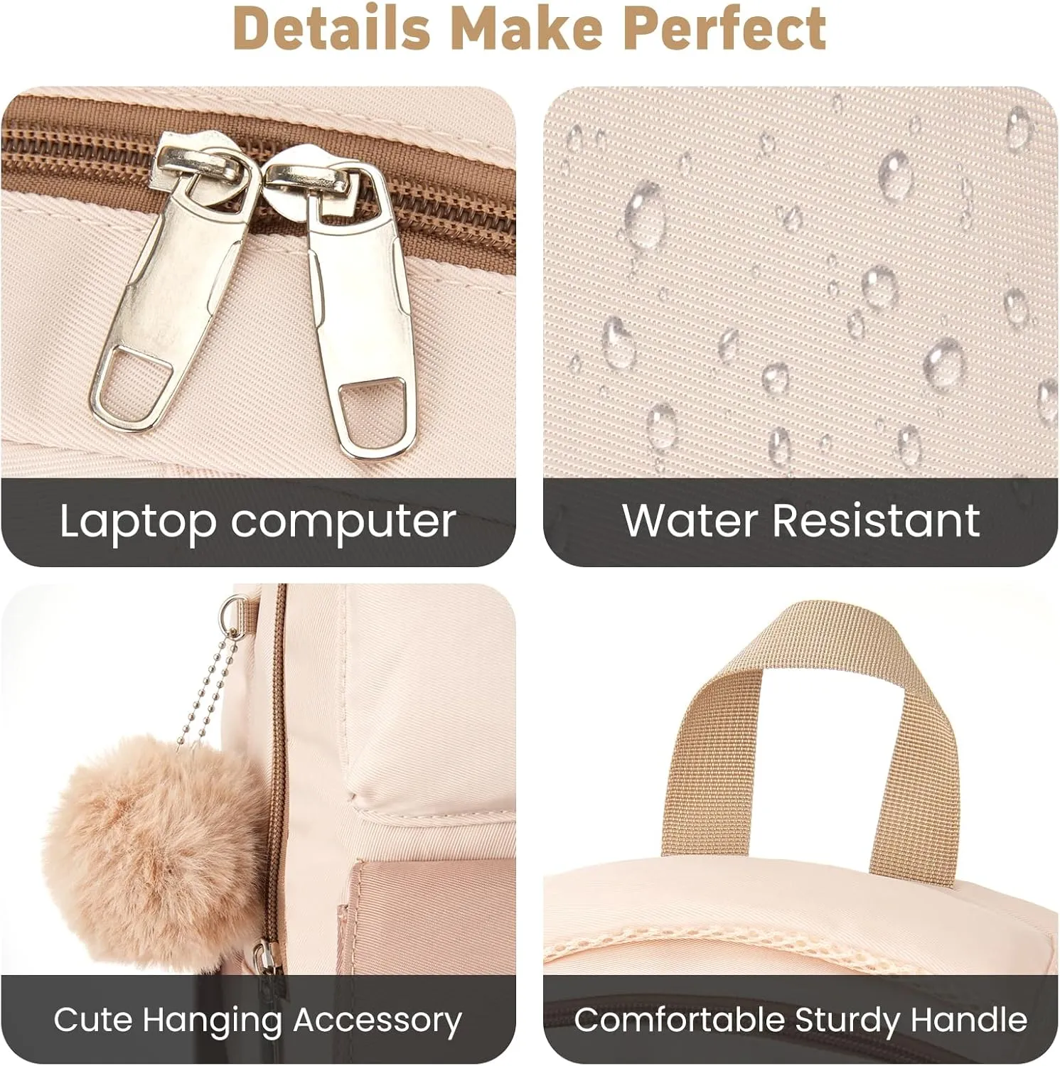 School Backpack for Girls Teens, Cute Aesthetic College Backpacks Large 15.6 Inch Laptop Bag Preppy Bookbag for Women Students Travel (Khaki Beige)