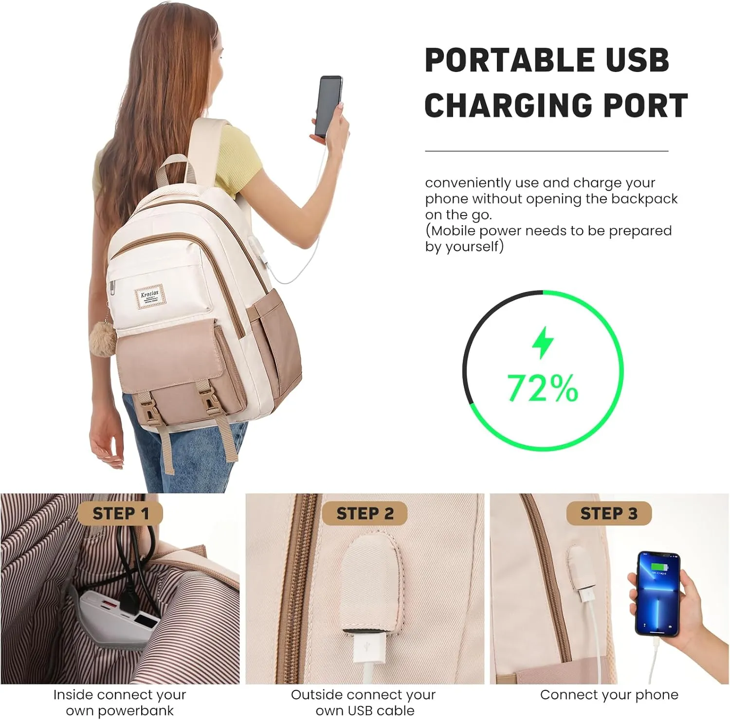 School Backpack for Girls Teens, Cute Aesthetic College Backpacks Large 15.6 Inch Laptop Bag Preppy Bookbag for Women Students Travel (Khaki Beige)