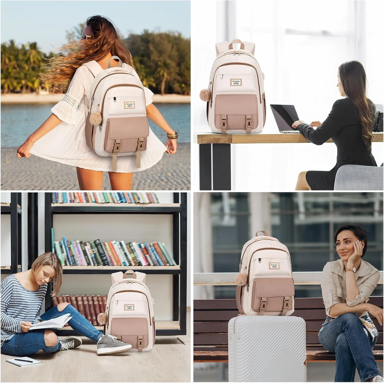 School Backpack for Girls Teens, Cute Aesthetic College Backpacks Large 15.6 Inch Laptop Bag Preppy Bookbag for Women Students Travel (Khaki Beige)