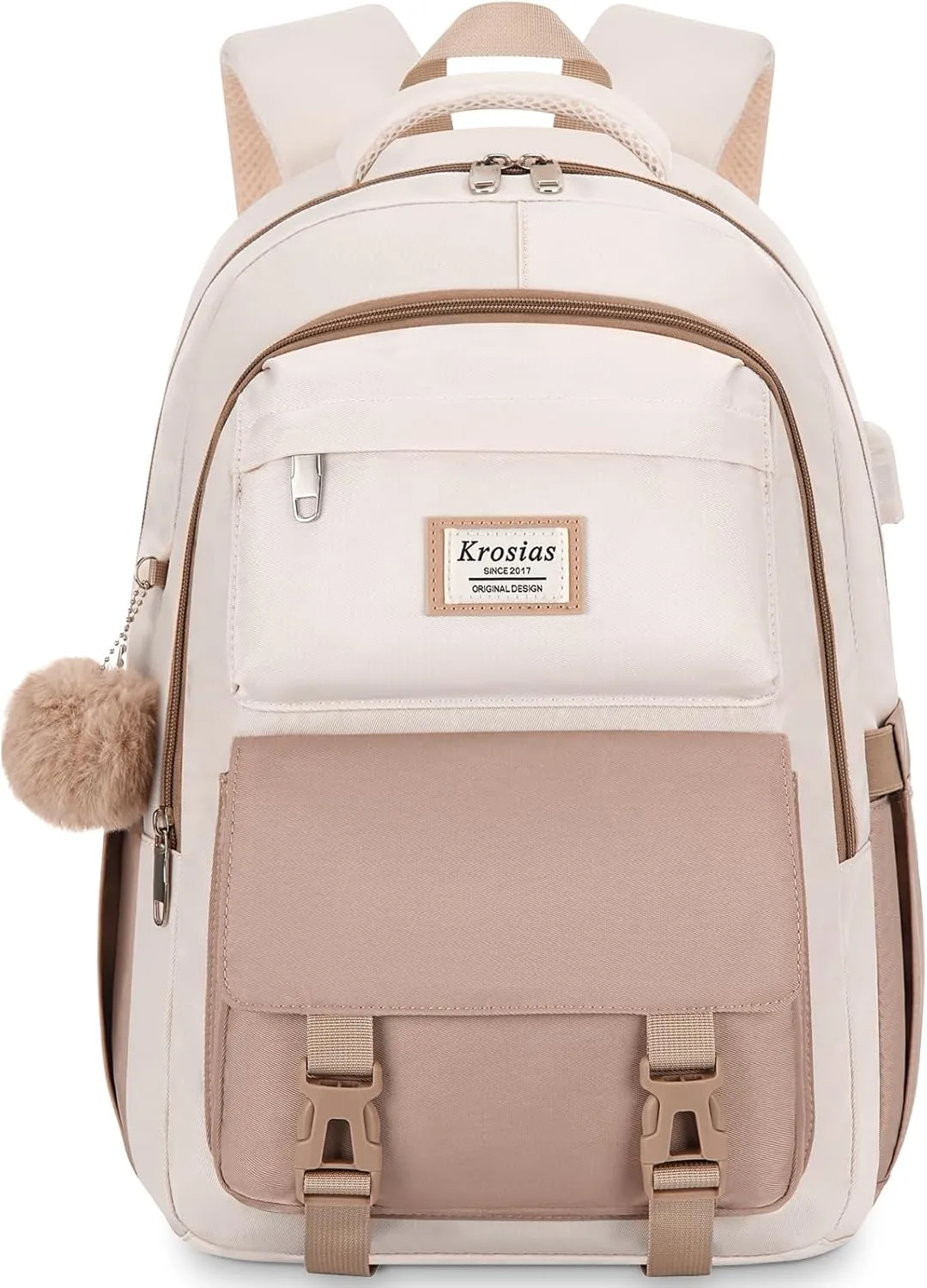 School Backpack for Girls Teens, Cute Aesthetic College Backpacks Large 15.6 Inch Laptop Bag Preppy Bookbag for Women Students Travel (Khaki Beige)