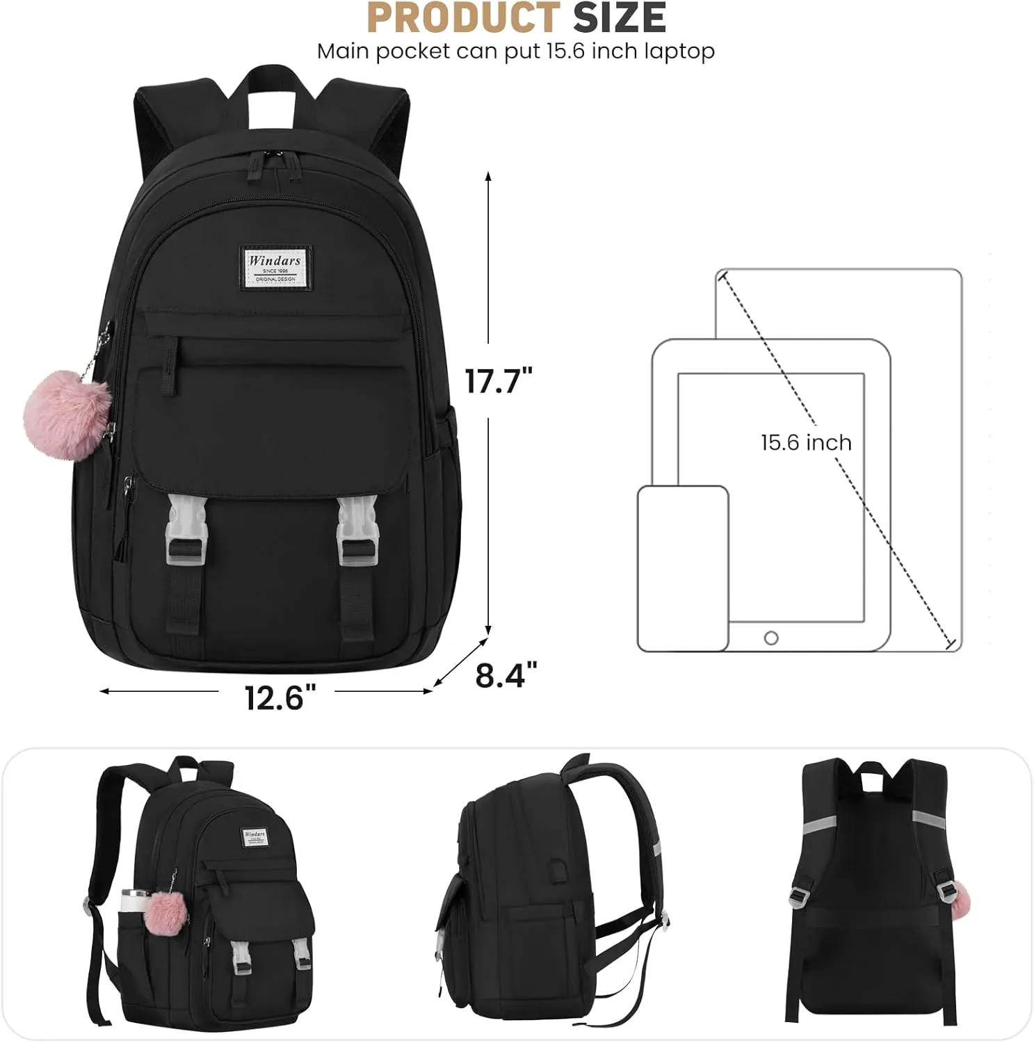 School Backpack for Teen Girls, Cute College Backpacks for Women Students Aesthetic Bookbag Large 15.6 Inch Laptop Bag Middle School Travel Back Pack (Black)