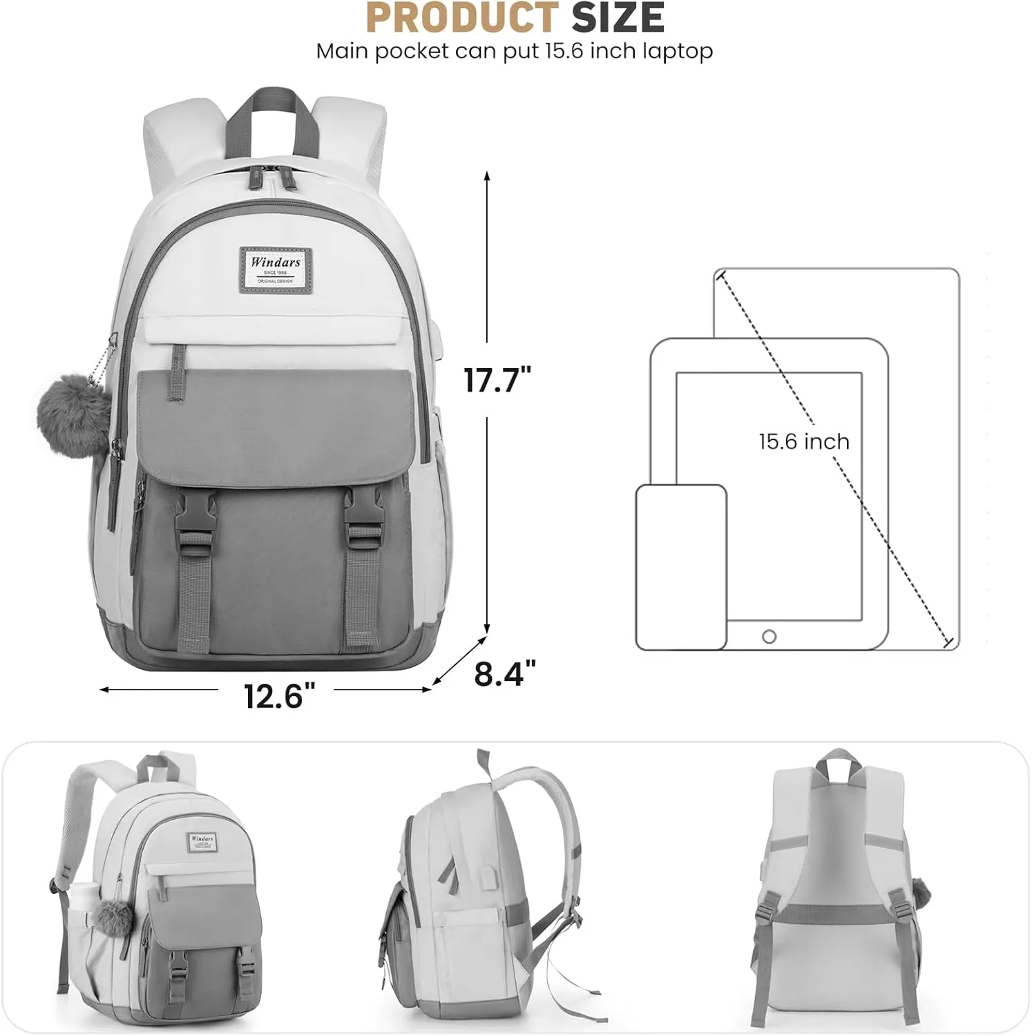 School Backpack for Teen Girls, Cute College Backpacks for Women Students Aesthetic Bookbag Large 15.6 Inch Laptop Bag Middle School Travel Back Pack (Dark Grey & Light Grey)