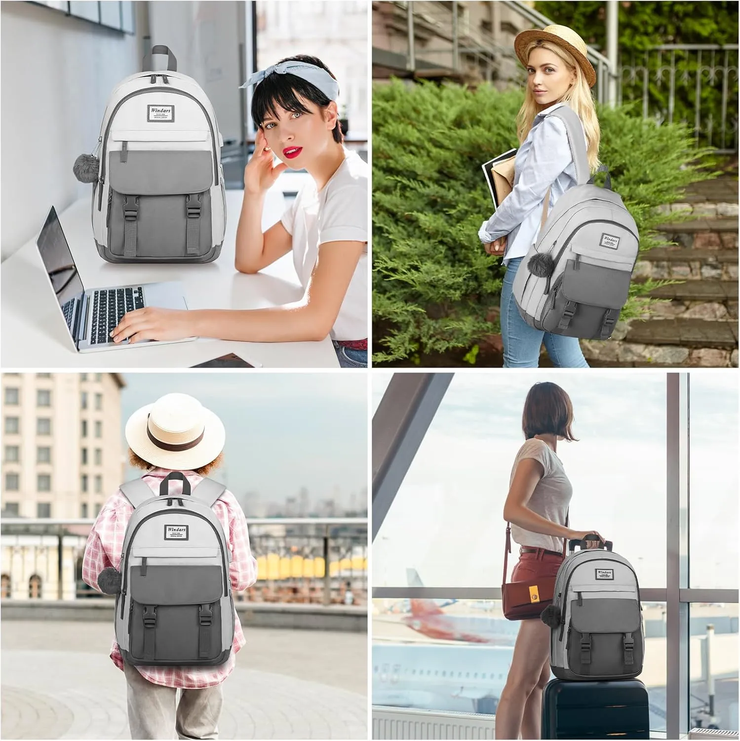 School Backpack for Teen Girls, Cute College Backpacks for Women Students Aesthetic Bookbag Large 15.6 Inch Laptop Bag Middle School Travel Back Pack (Dark Grey & Light Grey)